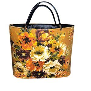 Vintage 1970s Floral Yellow Mustard Tote Bag purse
